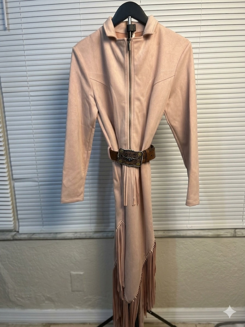 Oyrosy Pink Faux Suede Fringe Western Midi Dress - Size S (Excellent Condition)